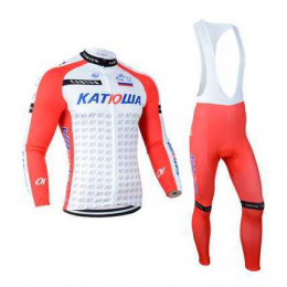 2014 Katusha Fahrradbekleidung Set Langarmtrikot+Lange Trägerhose Rot weiß W6A2L